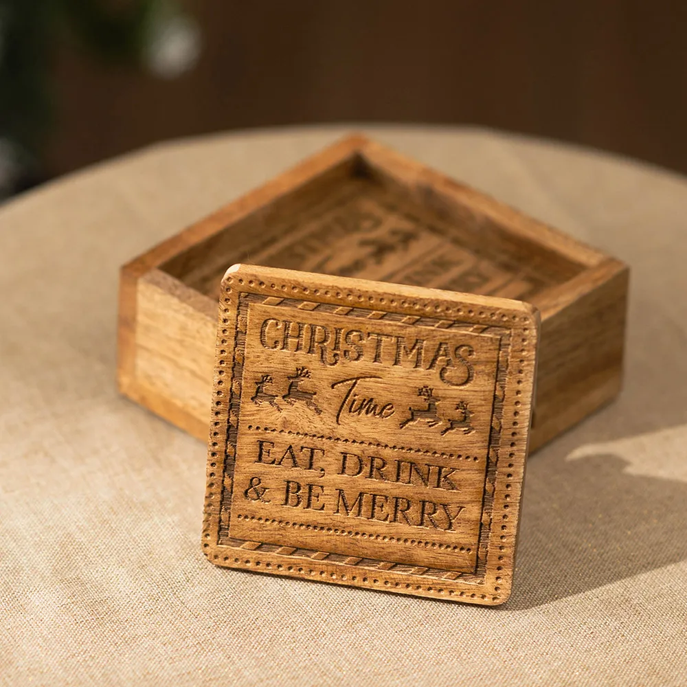 4 Pack Christmas Be Merry Coasters - Brown, Mango Wood