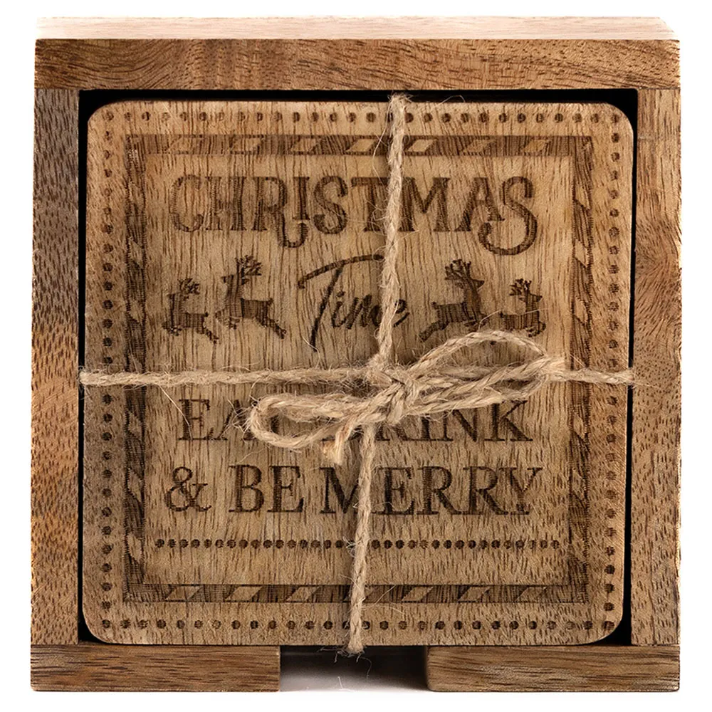 4 Pack Christmas Be Merry Coasters - Brown, Mango Wood