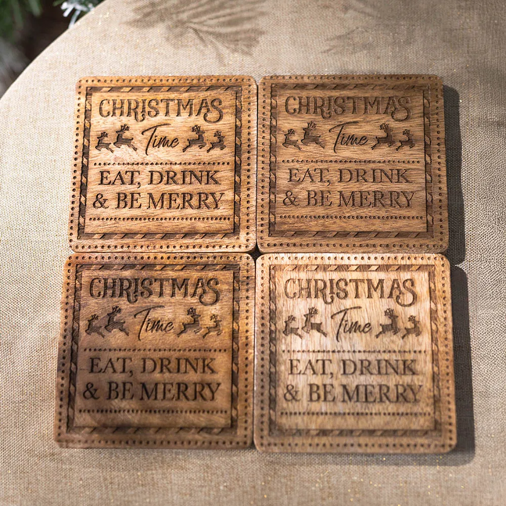 4 Pack Christmas Be Merry Coasters - Brown, Mango Wood