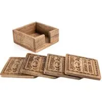4 Pack Christmas Be Merry Coasters - Brown, Mango Wood