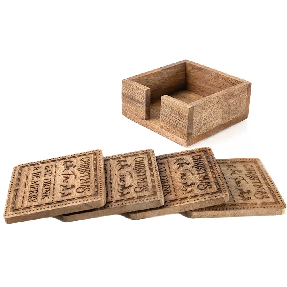4 Pack Christmas Be Merry Coasters - Brown, Mango Wood image