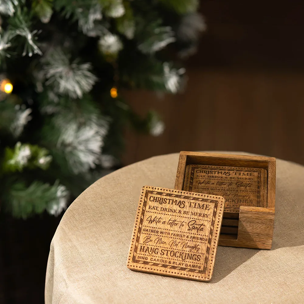 4 Pack Christmas Sing Carols Coasters - Brown, Mango Wood