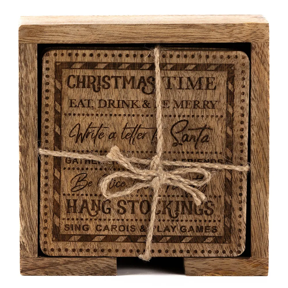 4 Pack Christmas Sing Carols Coasters - Brown, Mango Wood