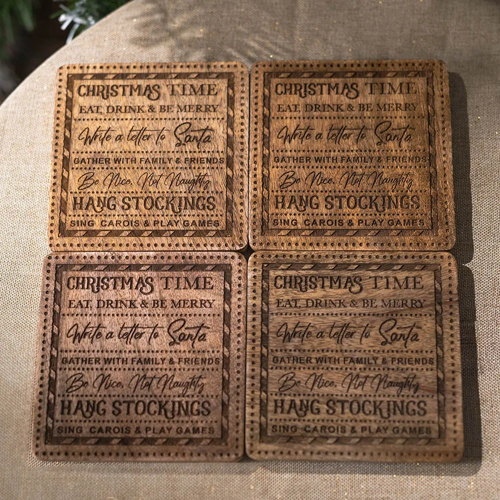 4 Pack Christmas Sing Carols Coasters - Brown, Mango Wood