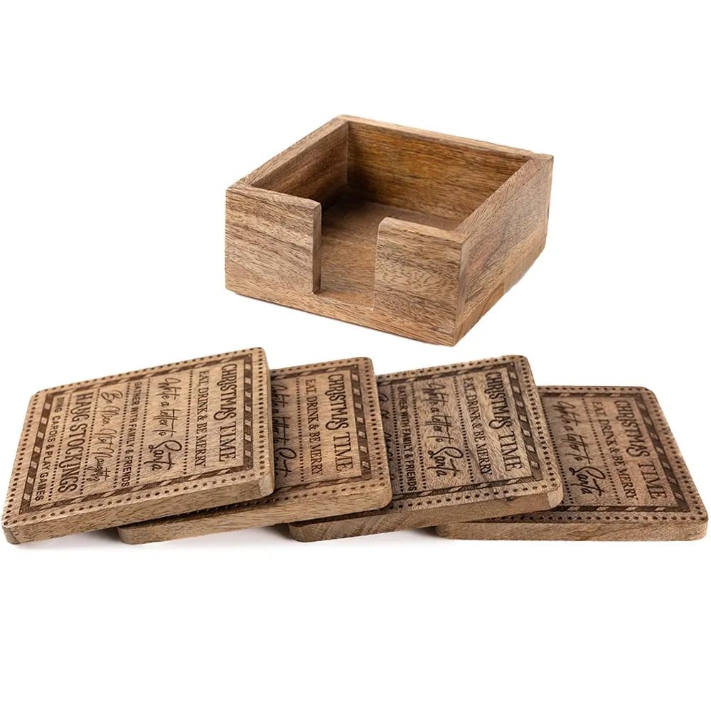4 Pack Christmas Sing Carols Coasters - Brown, Mango Wood