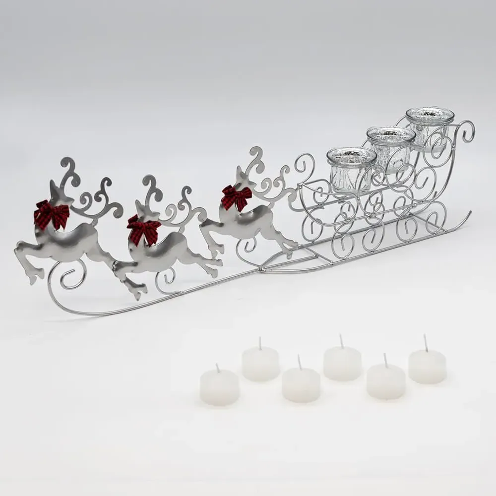 Flying Reindeer Sleigh Candle Holder - Silver