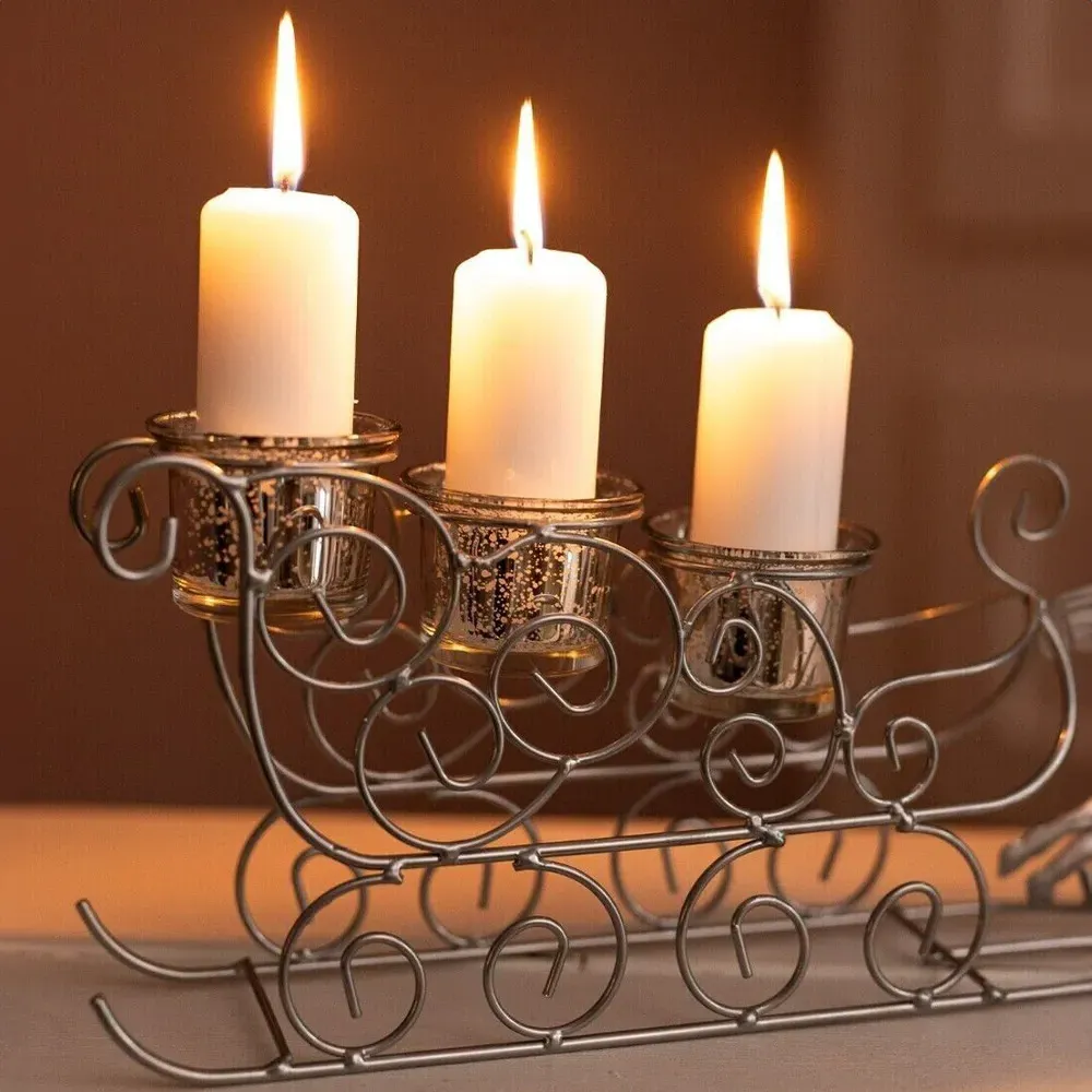 Flying Reindeer Sleigh Candle Holder - Silver