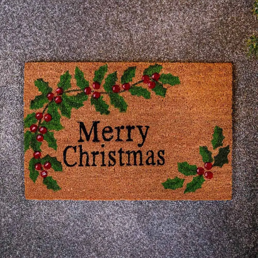Natural Holly Berries Christmas Doormat - Brown, Coir