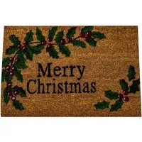 Natural Holly Berries Christmas Doormat - Brown, Coir