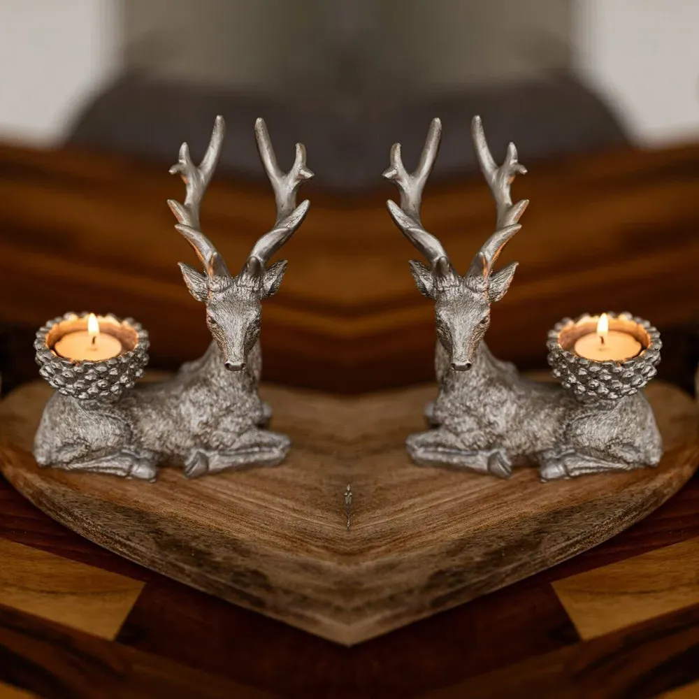 Resin Deer Tealight Holder 2 Pack - Silver