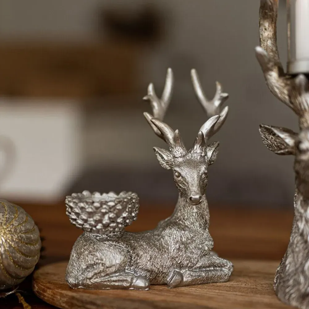 Resin Deer Tealight Holder 2 Pack - Silver