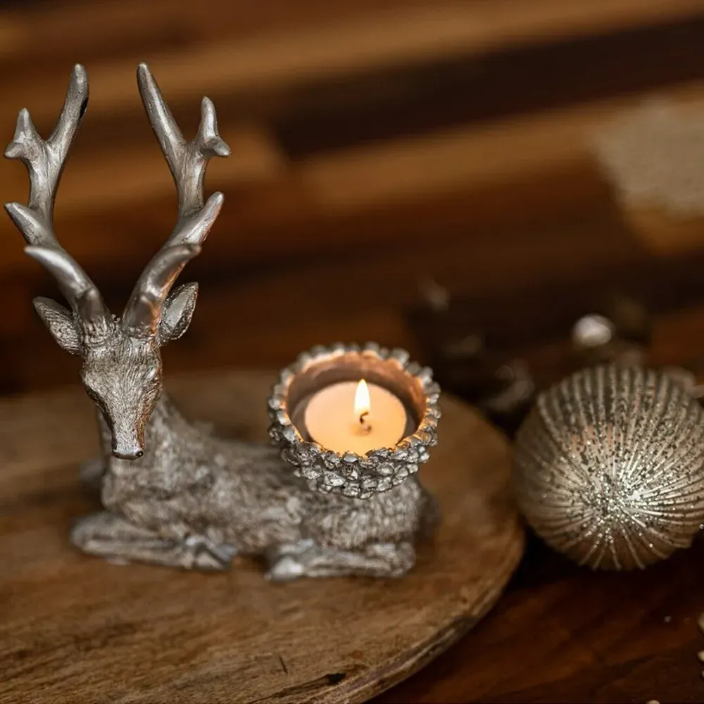 Resin Deer Tealight Holder 2 Pack - Silver
