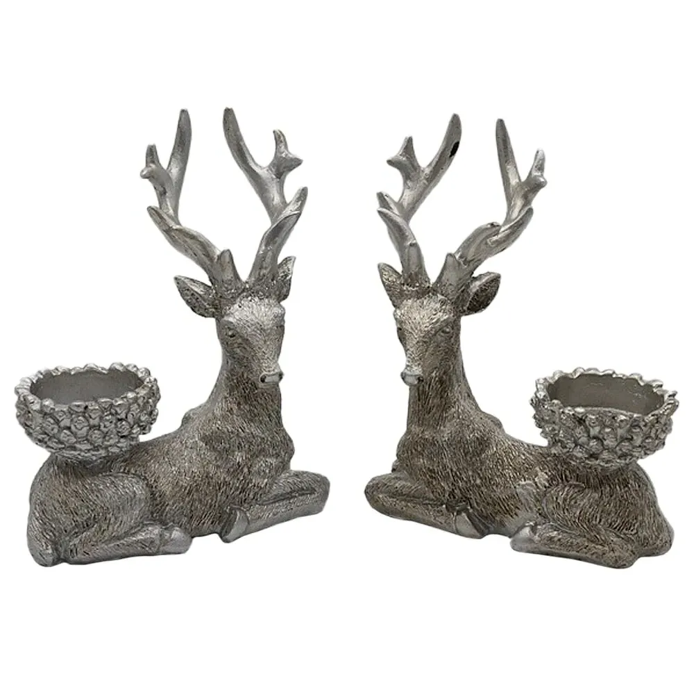 Resin Deer Tealight Holder 2 Pack - Silver image