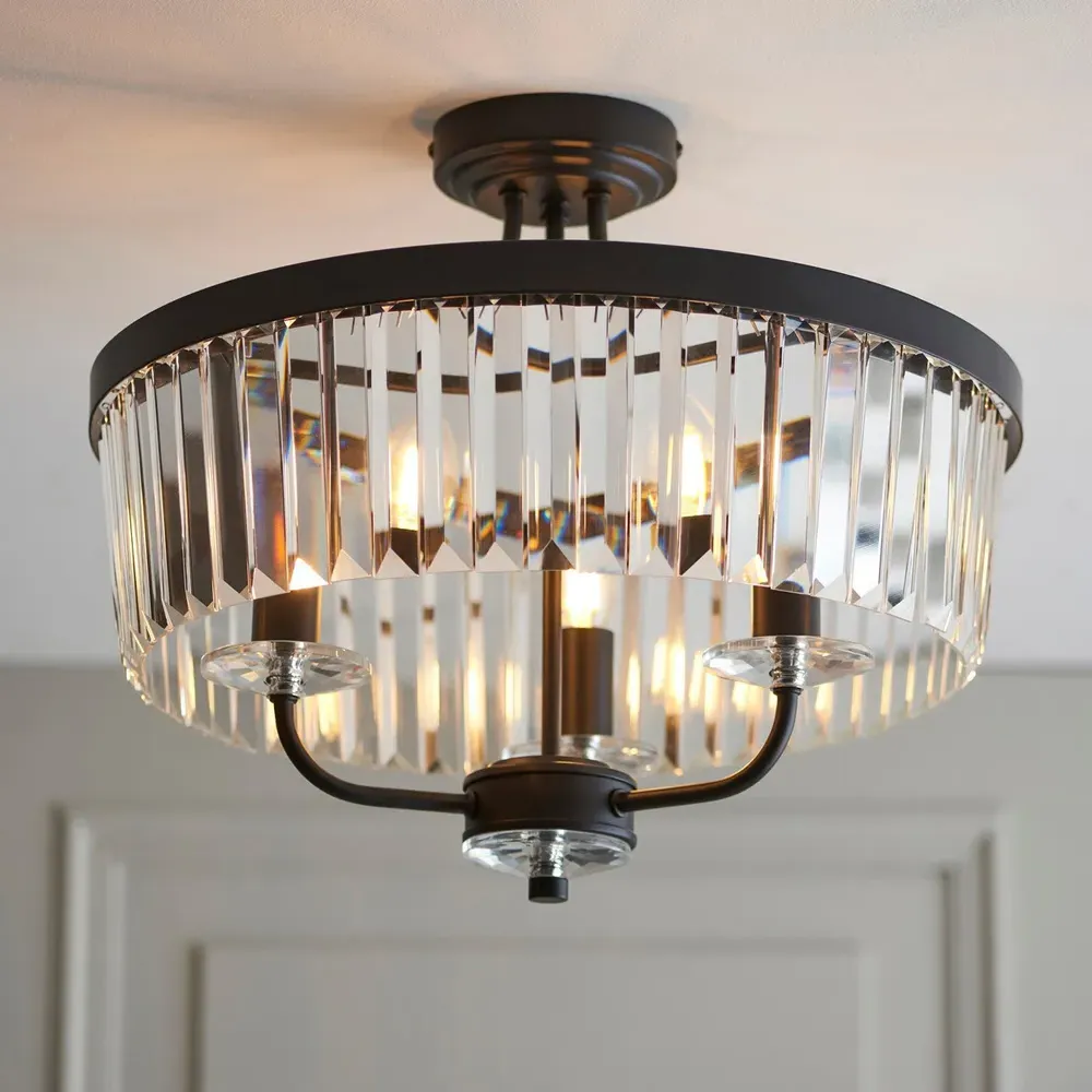 Ascoli Multi Arm Semi Flush Ceiling Lamp - Black, Cut Glass