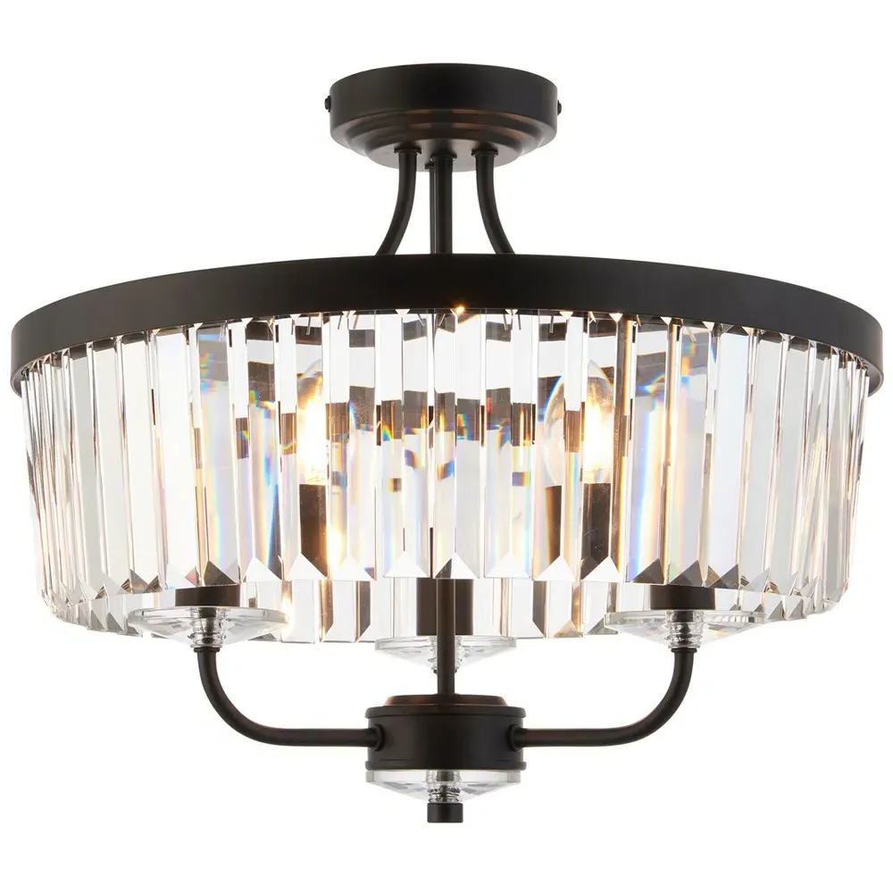 Ascoli Multi Arm Semi Flush Ceiling Lamp - Black, Cut Glass