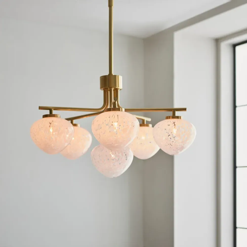 Bari 6 Light White Confetti Glass Pendant Light - Satin Brass