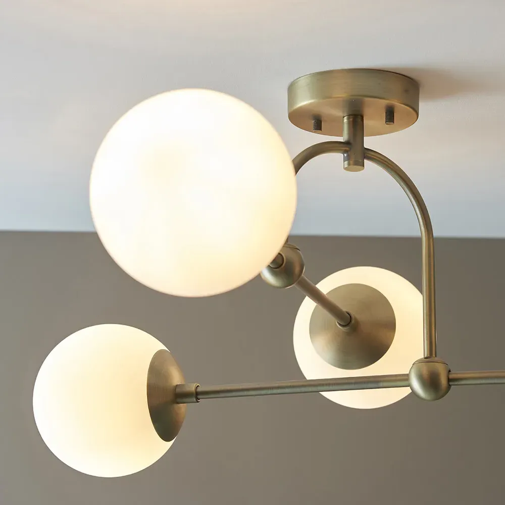 Cosenza 4 Light Ceiling Semi Flush - Antique Brass, Opal Glass