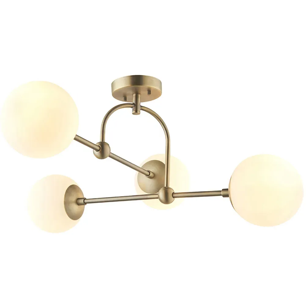 Cosenza 4 Light Ceiling Semi Flush - Antique Brass, Opal Glass