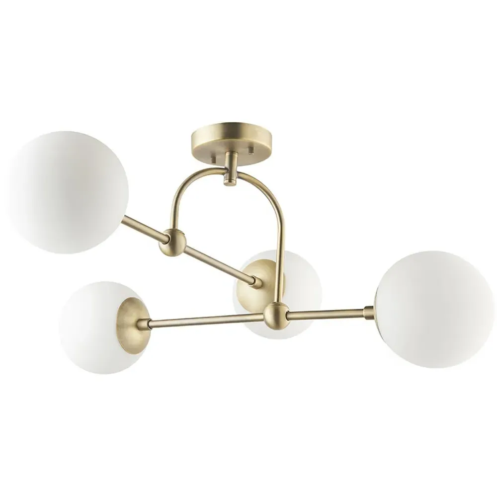 Cosenza 4 Light Ceiling Semi Flush - Antique Brass, Opal Glass