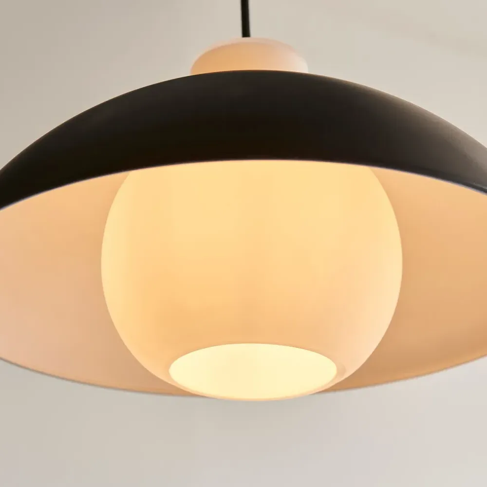 Curved Pendant Ceiling Light - Black, White Glass
