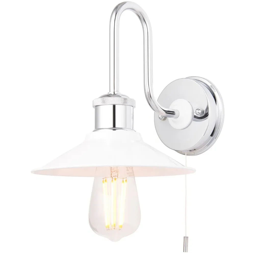 Fiumicino Bathroom Wall Light with Pull Chain - White, Chrome