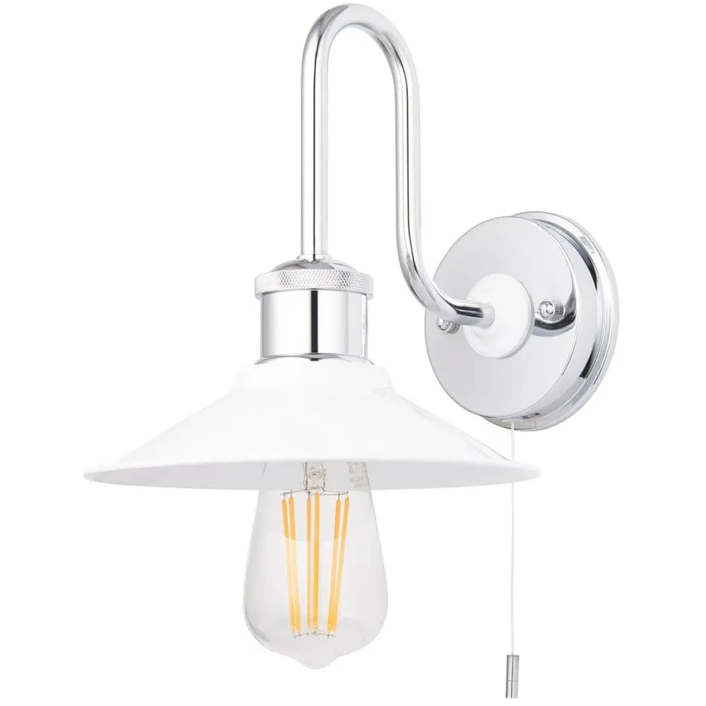 Fiumicino Bathroom Wall Light with Pull Chain - White, Chrome