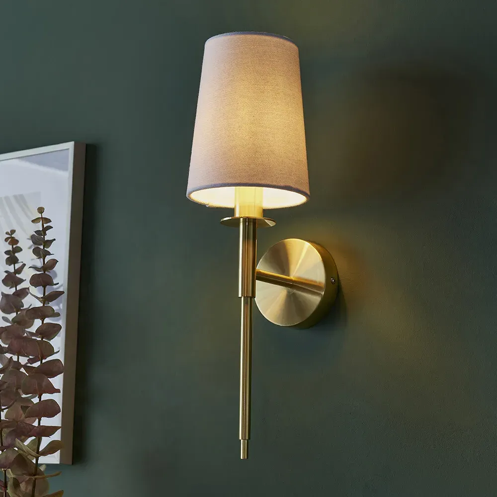 Florence Satin Brass Wall Lamp - White, Fabric