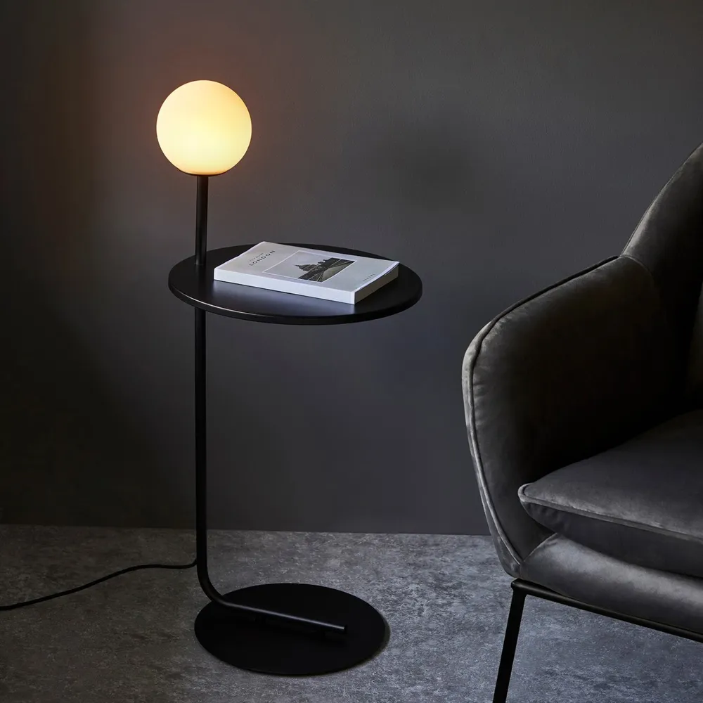 Frosinone Floor Lamp with Side Table - Black, Opal Glass