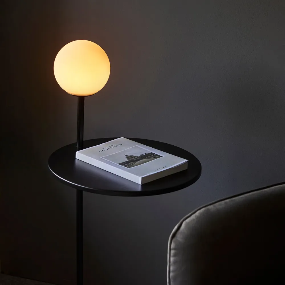 Frosinone Floor Lamp with Side Table - Black, Opal Glass