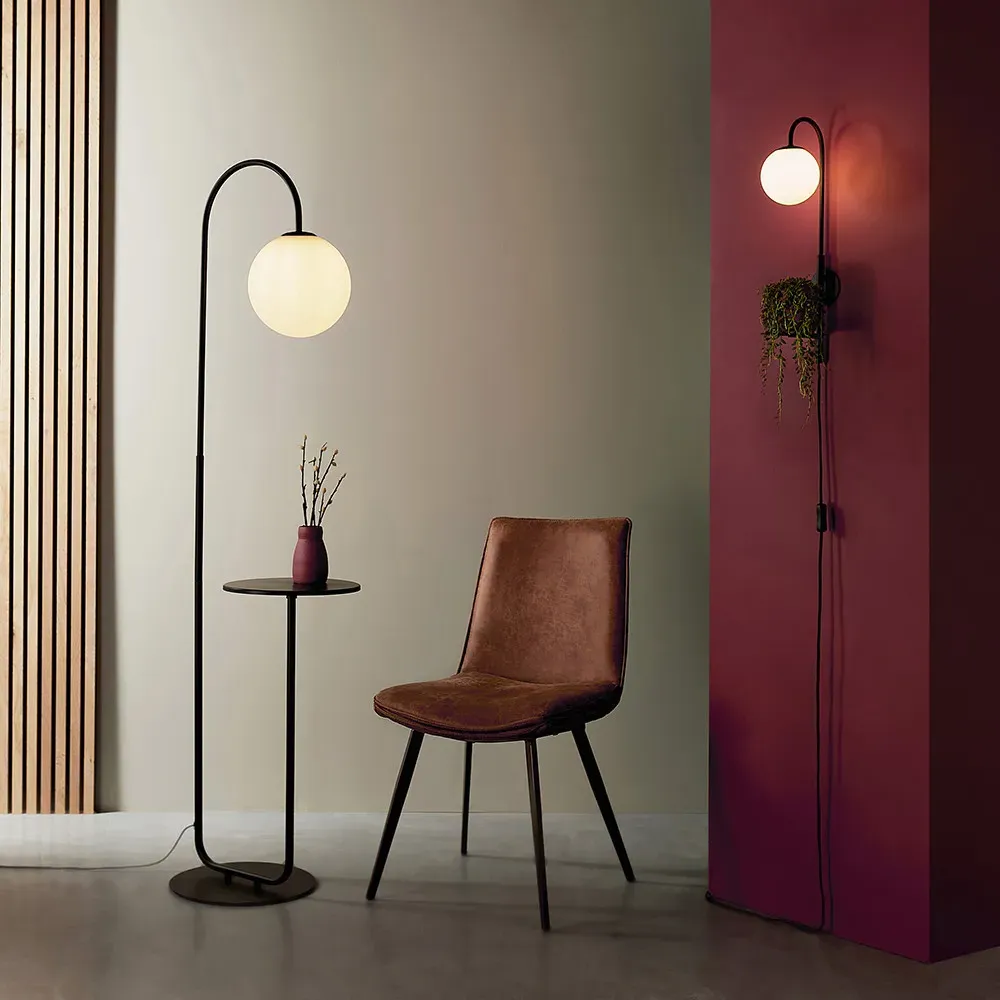 Frosinone Floor Lamp with Table - Black, Opal Glass