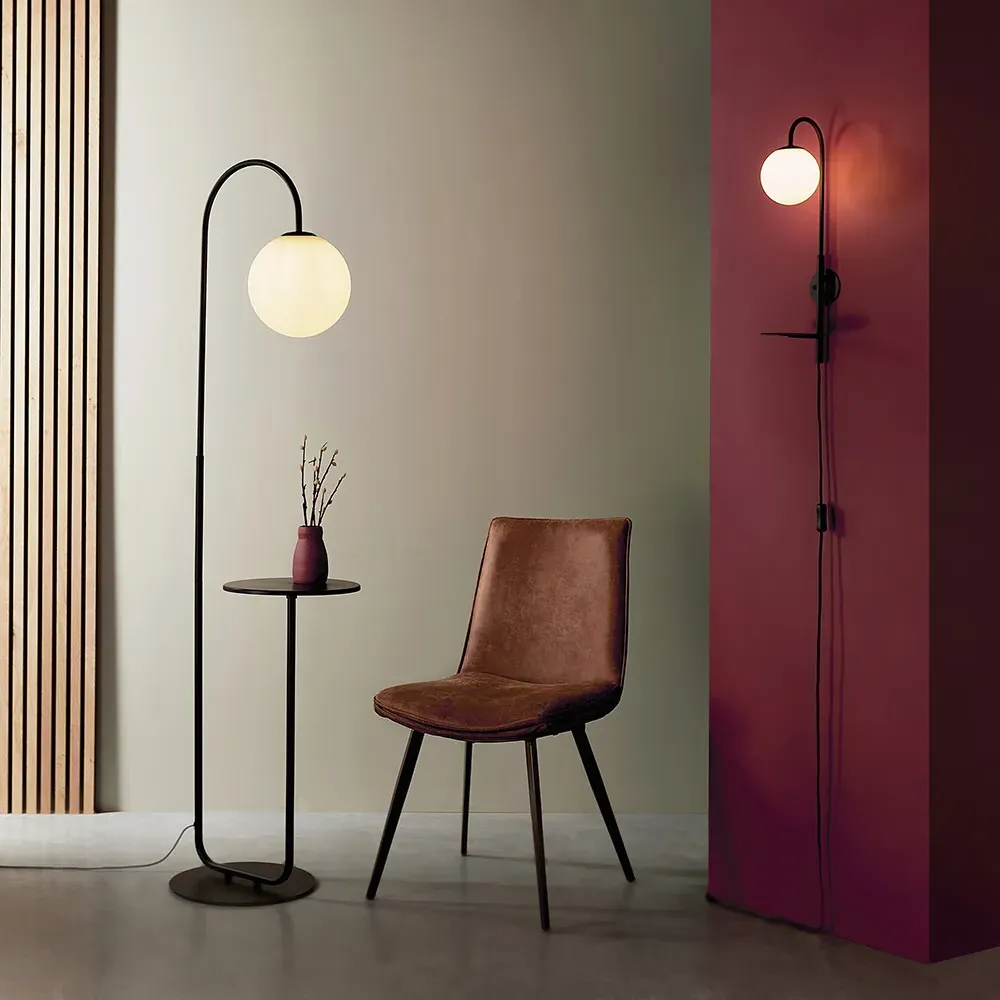 Frosinone Wall Lamp with Shelf - Black, Opal Glass