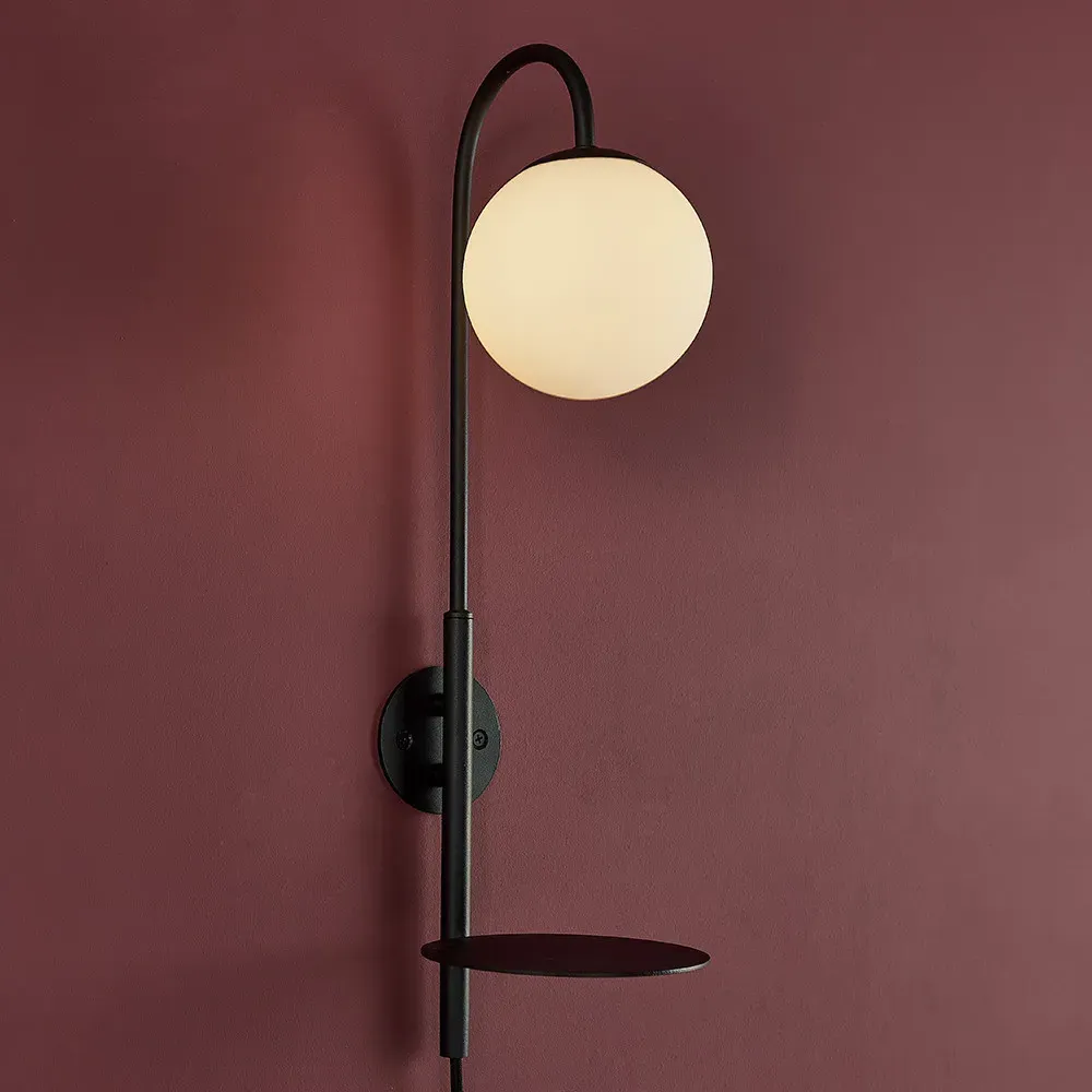 Frosinone Wall Lamp with Shelf - Black, Opal Glass