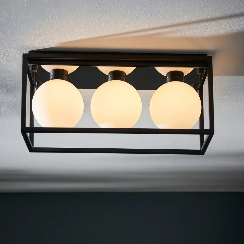 Matera Semi Flush 3 Light Ceiling Light - Black, Opal Glass