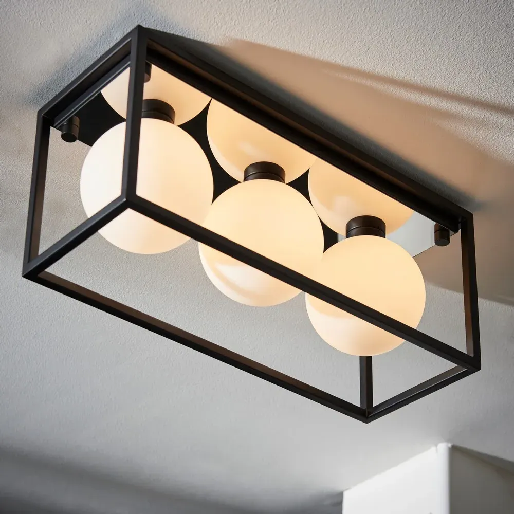 Matera Semi Flush 3 Light Ceiling Light - Black, Opal Glass