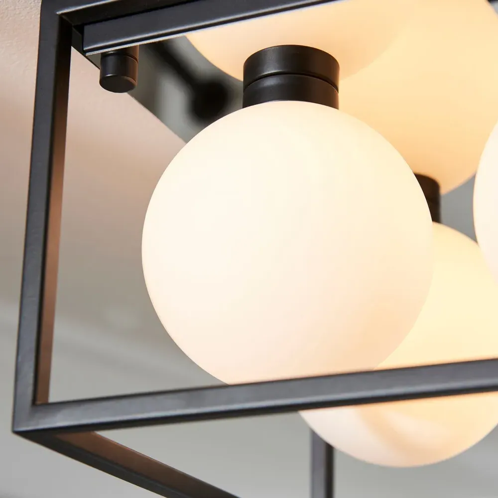 Matera Semi Flush 4 Light Ceiling Light - Black, Opal Glass