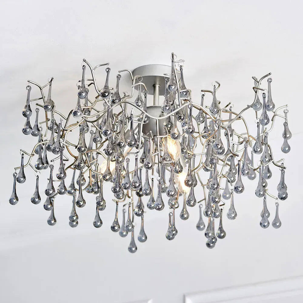 Rimini 3 Light Semi Flush Ceiling Light - Silver, Tinted Glass