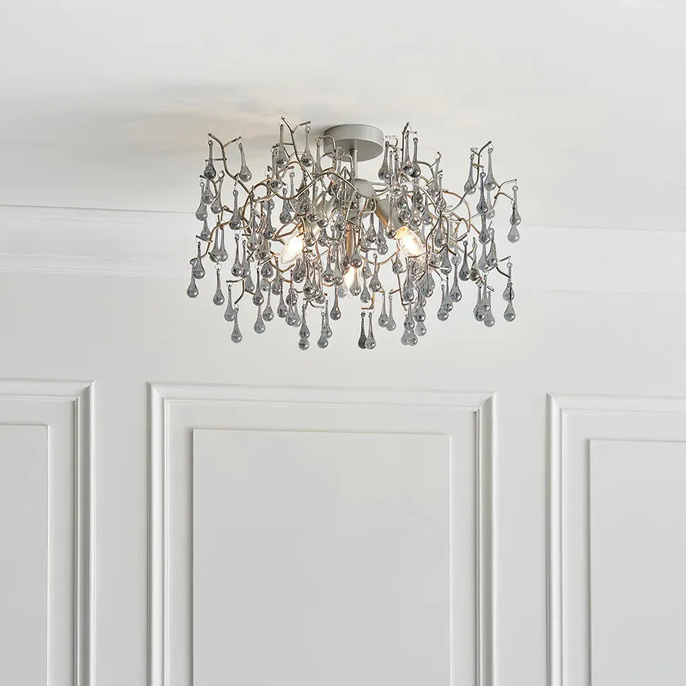 Rimini 3 Light Semi Flush Ceiling Light - Silver, Tinted Glass
