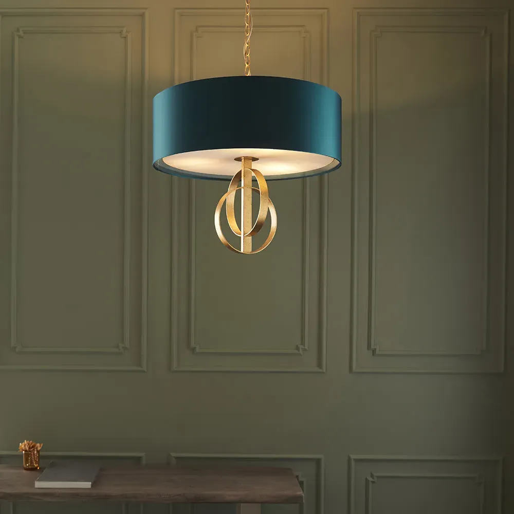 Trento 3 Light Pendant Ceiling Light - Gold, Satin Fabric