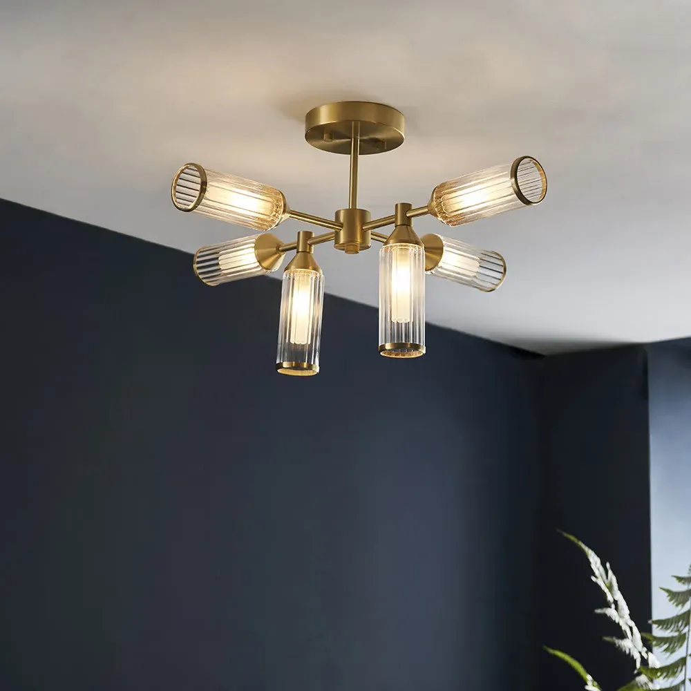 Trieste 6 Light Ceiling Semi Flush - Satin Brass, Frosted Glass