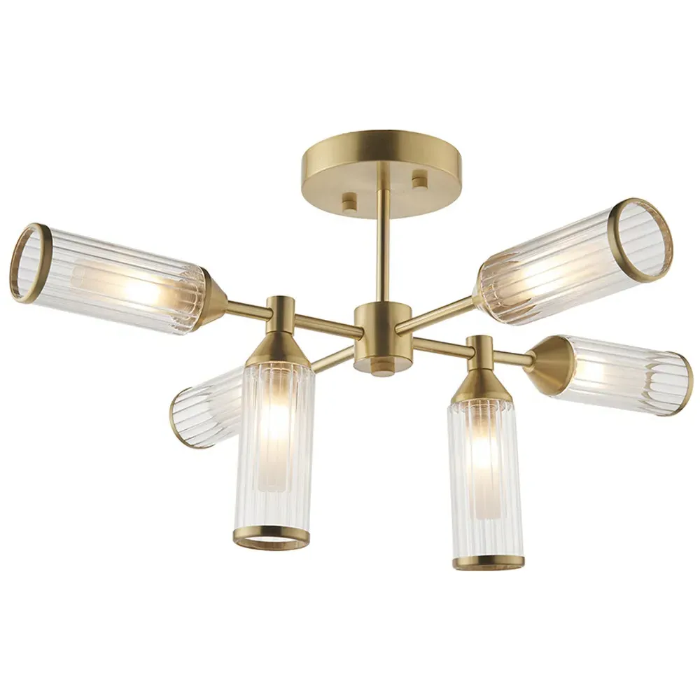 Trieste 6 Light Ceiling Semi Flush - Satin Brass, Frosted Glass