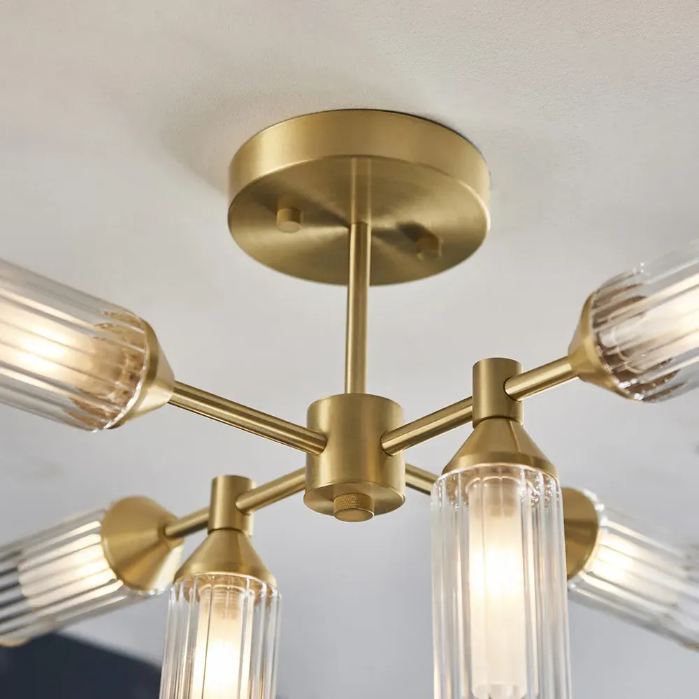 Trieste 6 Light Ceiling Semi Flush - Satin Brass, Frosted Glass