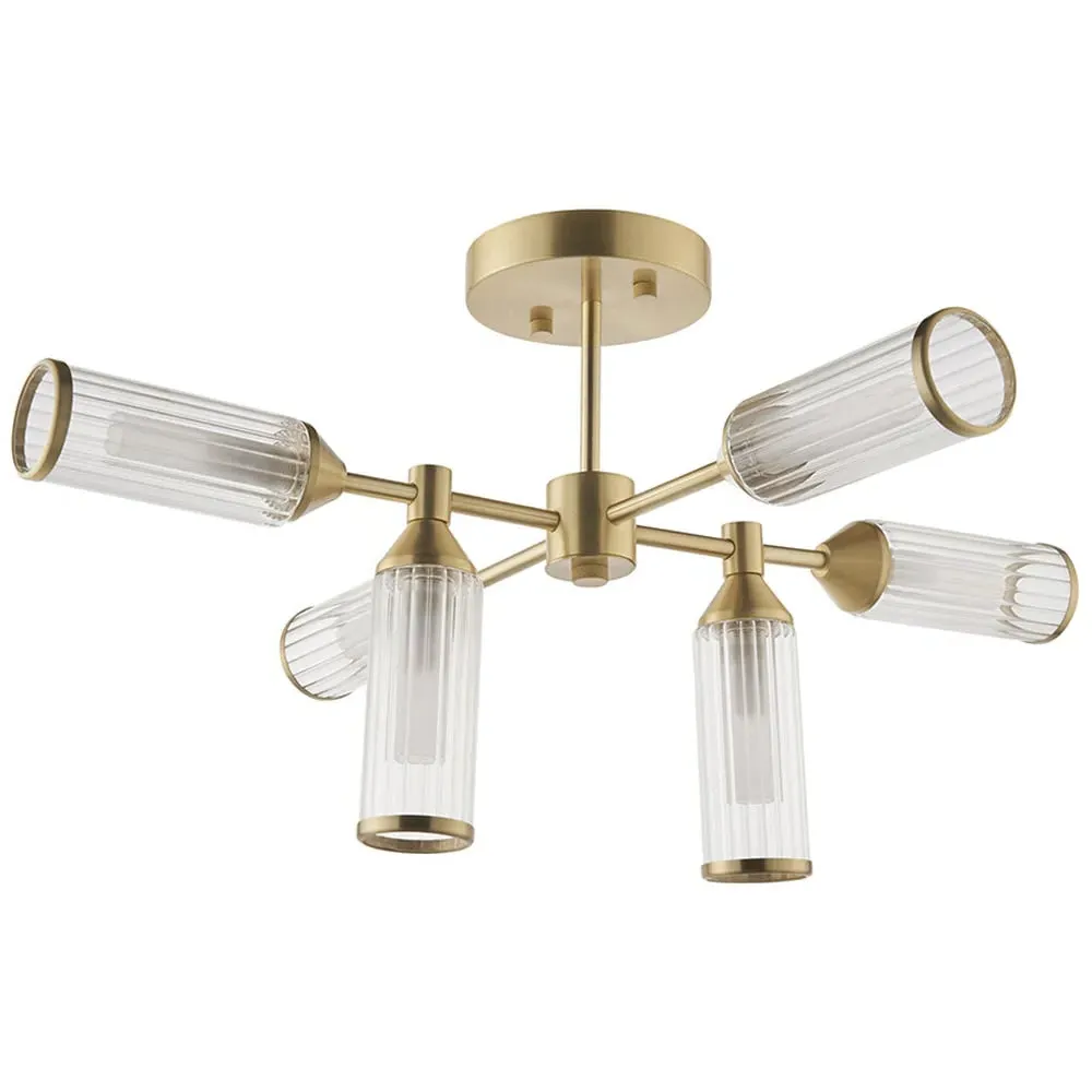 Trieste 6 Light Ceiling Semi Flush - Satin Brass, Frosted Glass