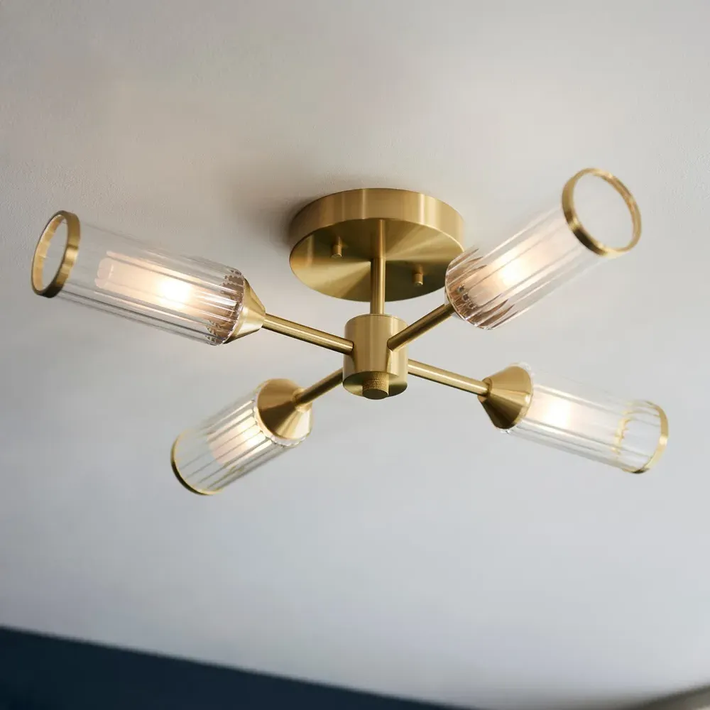 Trieste Multi Arm Semi Flush Ceiling Lamp - Satin Brass, Glass