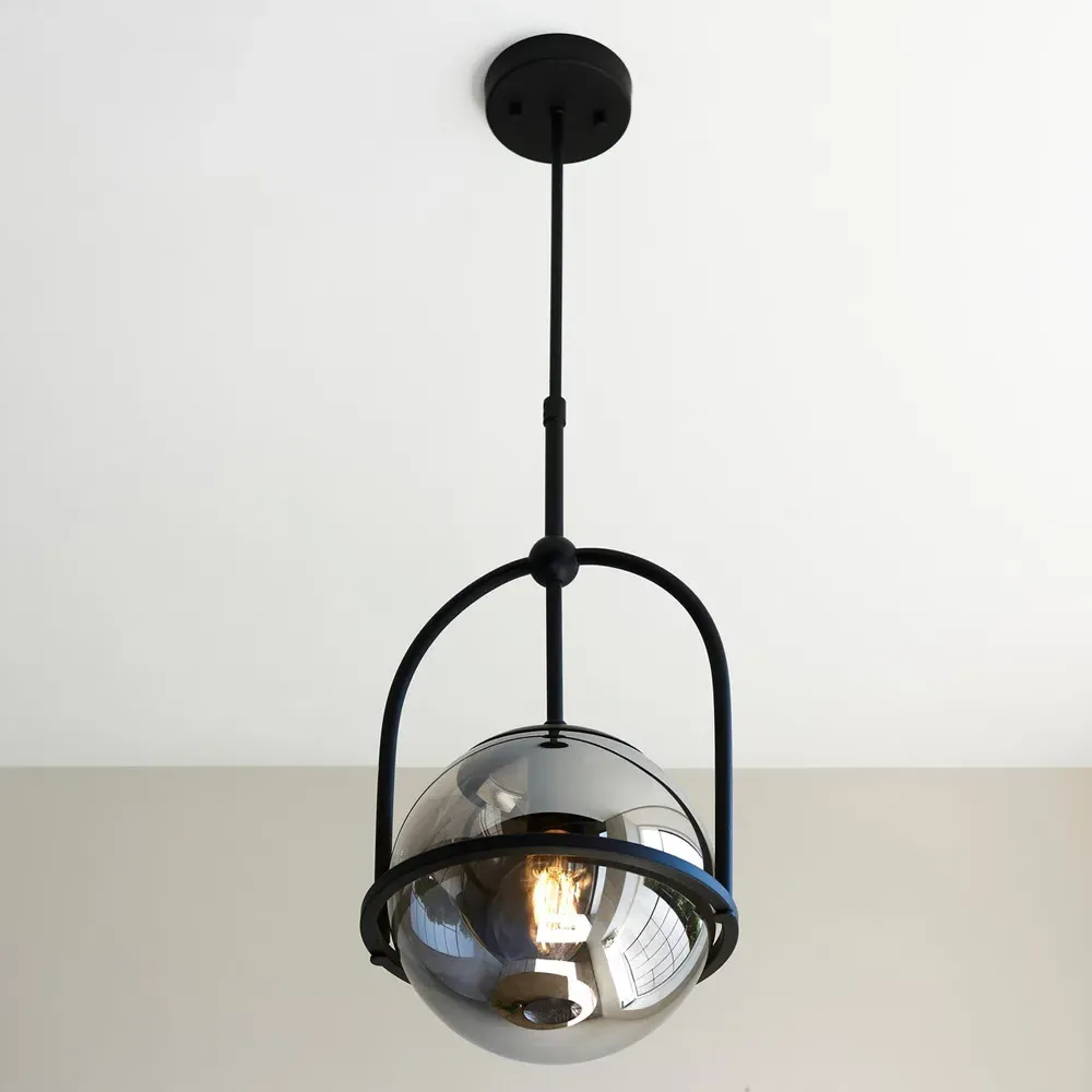 Trieste Single Globe Pendant Ceiling Light - Black, Smoked Mirror Glass