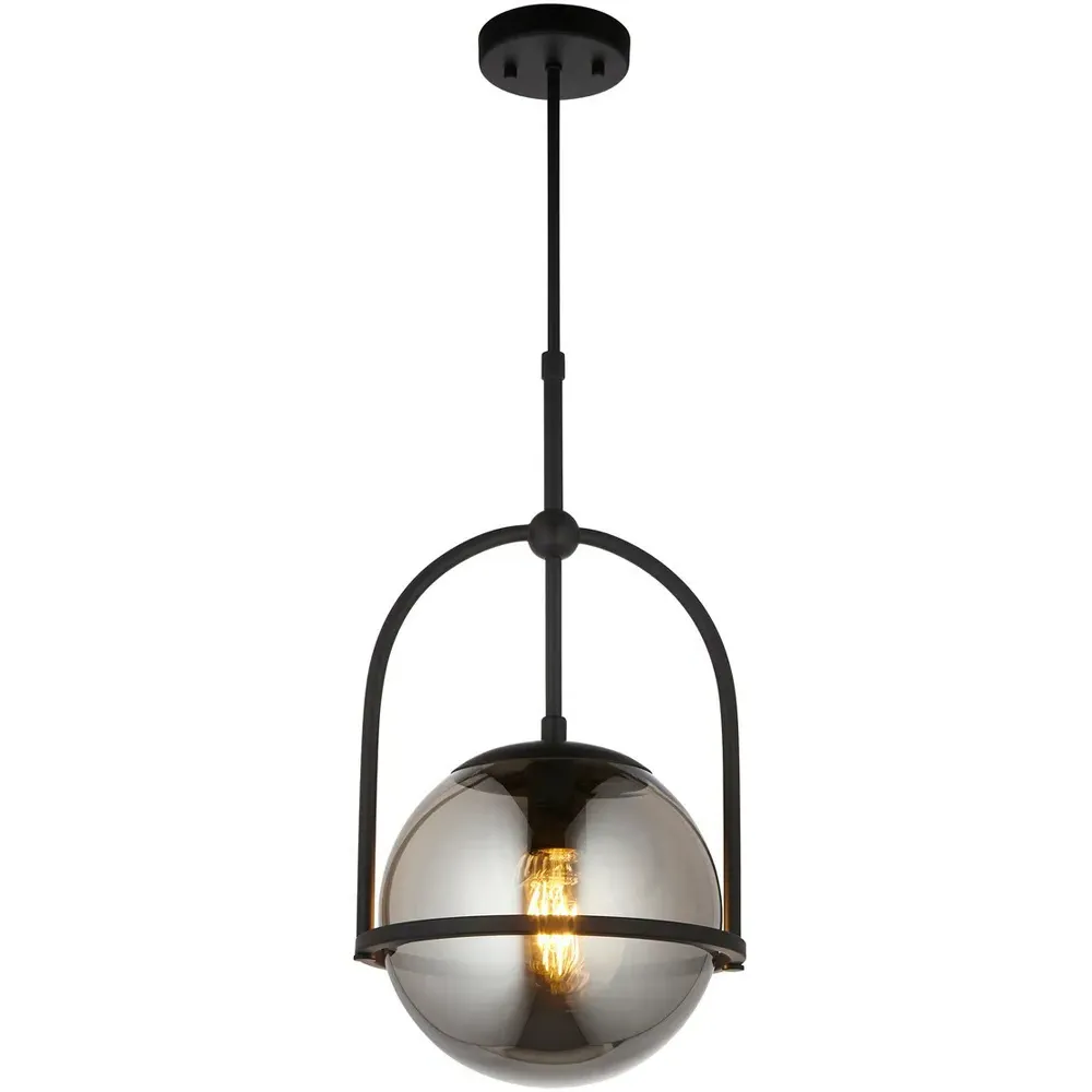 Trieste Single Globe Pendant Ceiling Light - Black, Smoked Mirror Glass