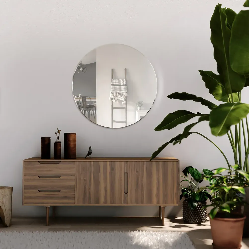 Bevelled Round Mirror - Black Glass