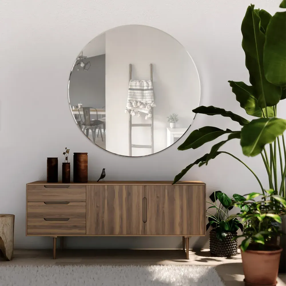 Bevelled Round Mirror - Black Glass