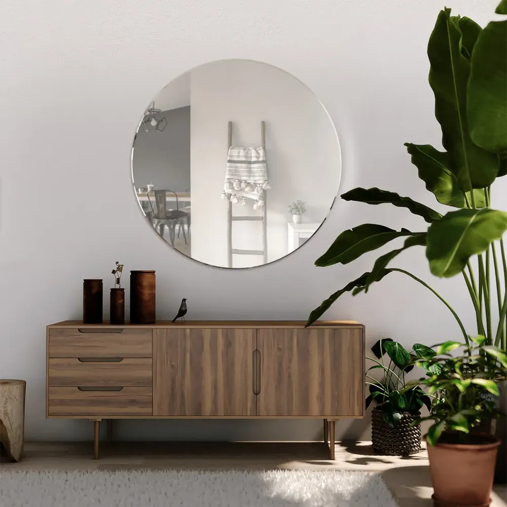 Bevelled Round Mirror - Black Glass