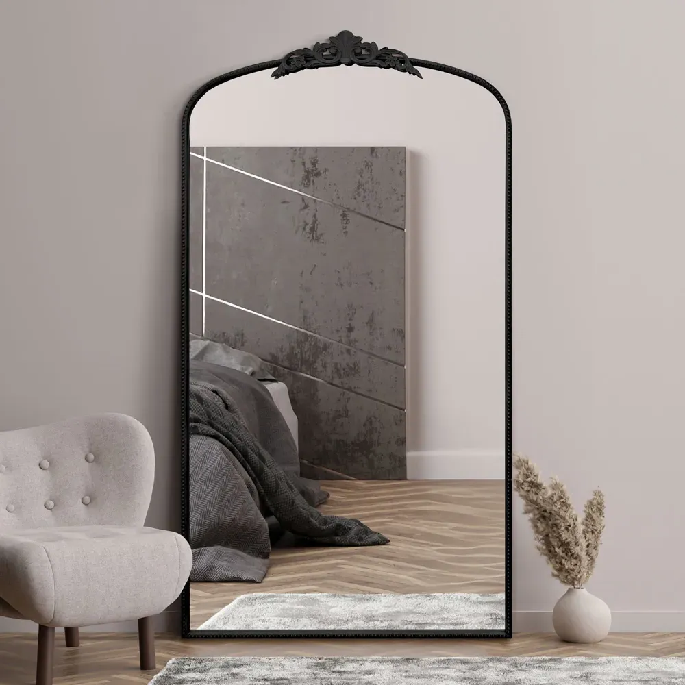 Crown Arched Leaner Mirror with Decorative Crown - Black, Metal