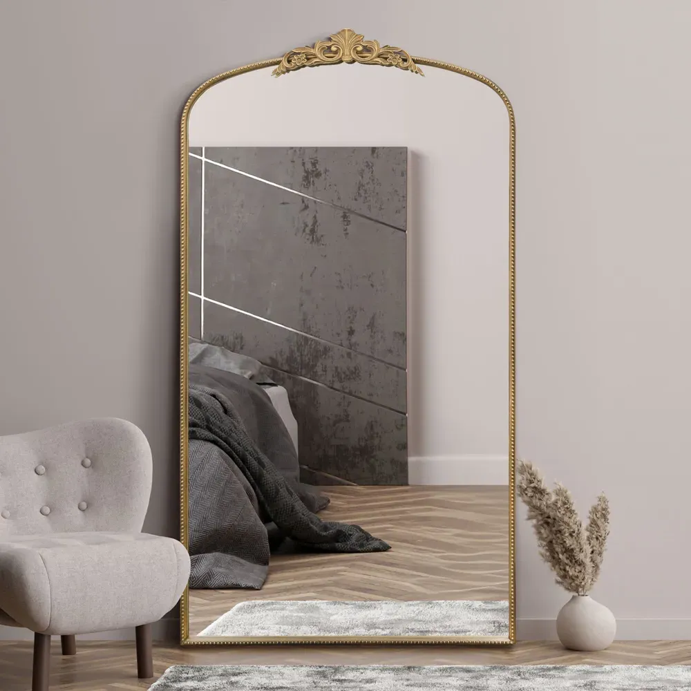 Crown Arched Leaner Wall Mirror with Decorative Crown - Gold, Metal